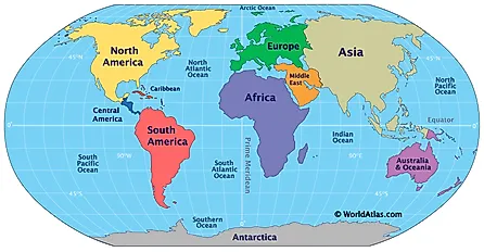 map of the world, including the five oceans: pacific, atlantic, indian, southern, arctic