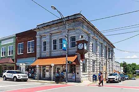 he Mount Airy Chamber of Commerce and Visitors' Center sets on Main Street, next to Barney's Café. People. Image credit Nolichuckyjake via Shutterstock.