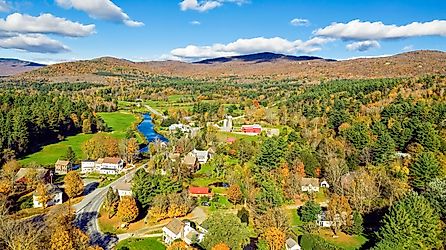 Aerial view of Weston, Vermont, during the colorful fall season.