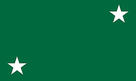 Green banner with white stars on upper right and lower right corners
