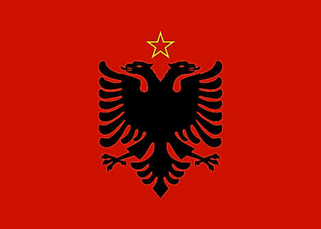 Flag of the People's Republic of Albania. It featured a red star with a yellow outline between the two eagle heads.