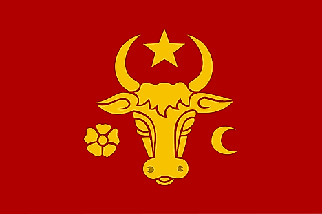 Red banner with a bull's head, crescent, star, and flower, all in gold