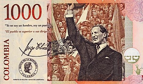 Portrait of Jorge Eliecer Gaitan addressing the crowd on Colombia currency 1000 peso (2015) banknote