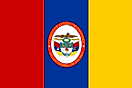 Red, blue, and yellow vertical stripes with seal centered on blue