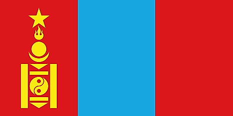 Red, blue, and red vertical stripes with Soyombo on red stripes on the hoist side