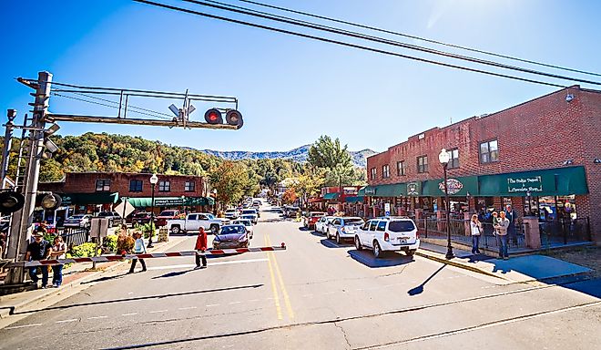 Great Smoky Mountains Train ride city scenes in Bryson city, NC.