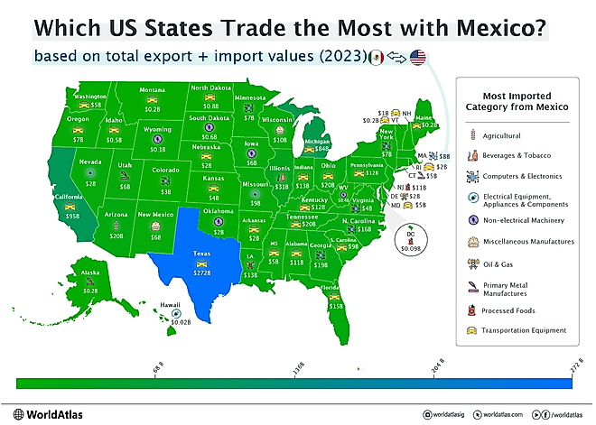 Map showing US trade with Mexico for each state