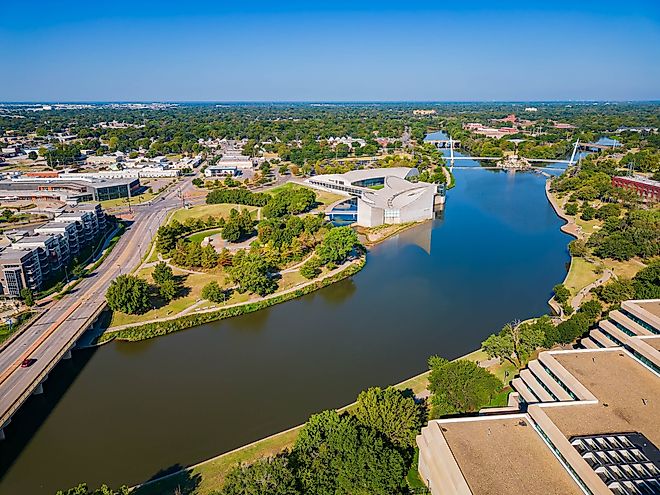 Sunny aerial view of the Exploration Place at Kansas.