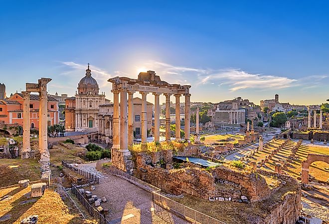 Rome sunrise city skyline at the Rome Forum, Rome, Italy.