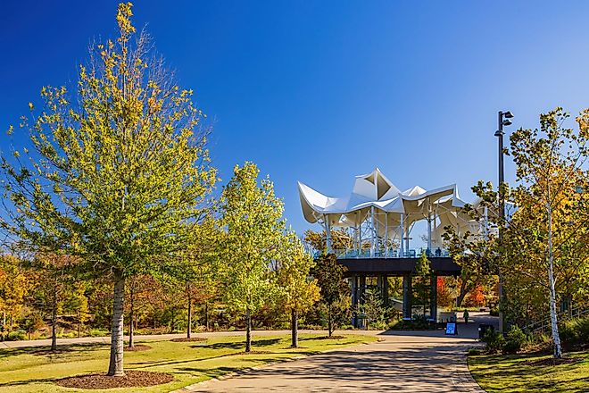 Beautiful fall color of the Gathering Place Park in Tulsa, Oklahoma. 