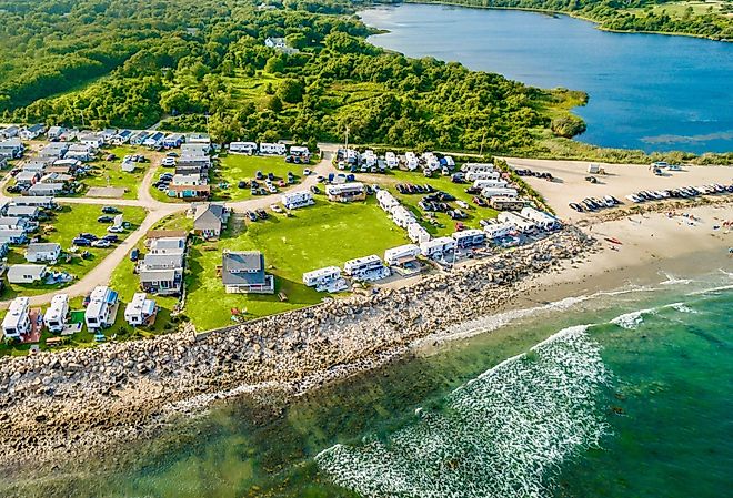 An aerial view of the beachfront campground in Little Compton, Rhode Island.