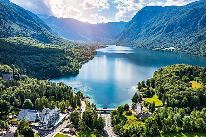 An aerial view of Bohinj Lake in the Julian Alps, Slovenia.