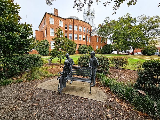 Monroeville, Alabama, USA - August 31, 2024: The "A Celebration of Reading Sculpture" by Branko Medencia. Editorial credit: VioletSkyAdventures / Shutterstock.com