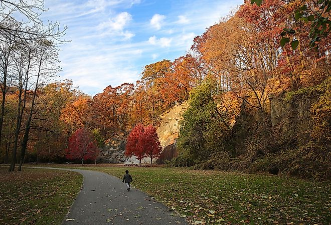 The rock climbing wall at Alapocas Run State Park, Wilmington, Delaware, USA in the colorful fall