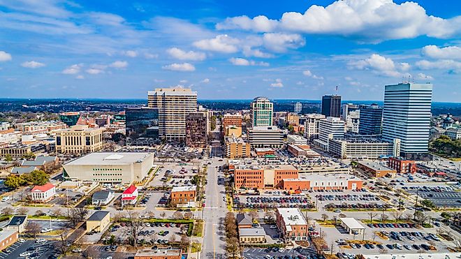 Drone aerial view of downtown Columbia, South Carolina.