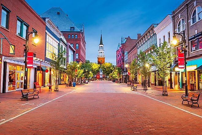 Burlington, Vermont, USA at Church Street Marketplace at twilight.