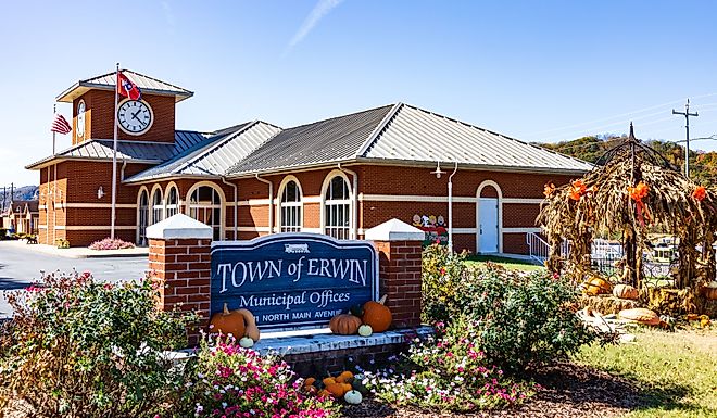 Town office building and sign in Erwin. Editorial credit: J. Michael Jones / Shutterstock.com