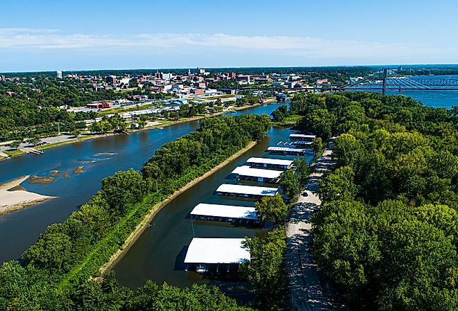 Aerial view of Mississippi River and Quincy, Illinois.