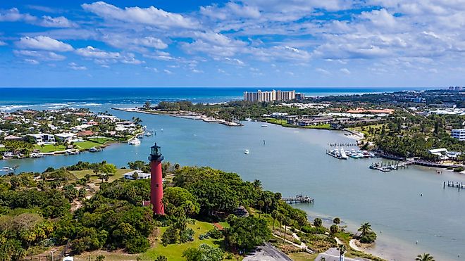 Jupiter, Florida, lighthouse with ocean and sky.