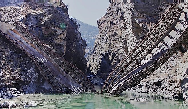 A collapsed bailey bridge in Himachal Pradesh, India.