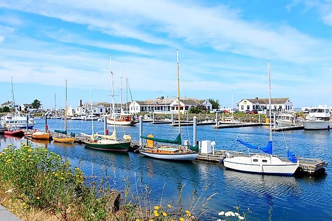 Downtown marina with boats and historical buildings in Port Townsend, Washington. 