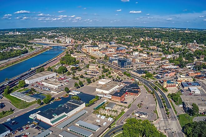 Aerial view of the downtown business district in Mankato, Minnesota