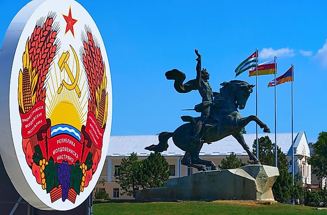 State emblem with the monument to Commander Suvorov in Tiraspol, Transnistria, Moldova.