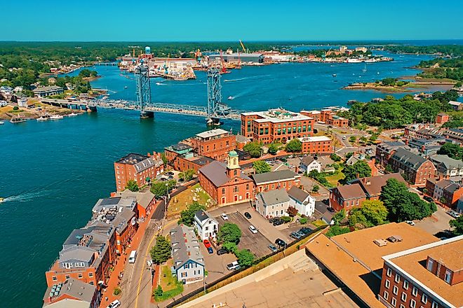 Aerial drone photography of downtown Portsmouth, New Hampshire during the summer.