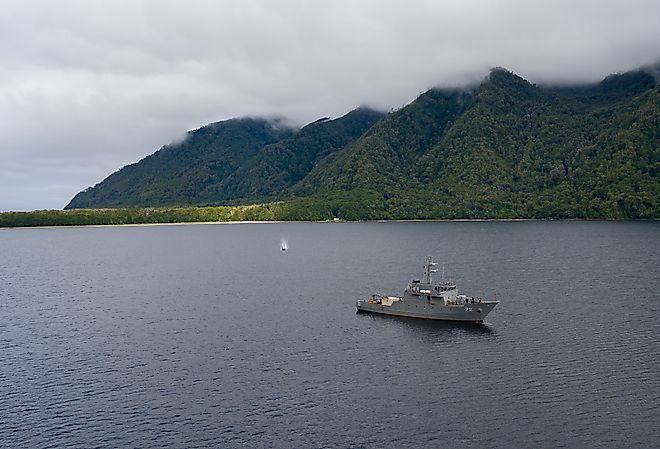 Drone view of a ship mooring near the Gulf of Penas, Chile. Image credit MAV Drone via Adobe Stock.