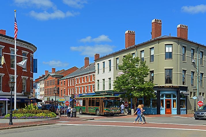 Historic buildings along Market Square in Portsmouth, New Hampshire. Editorial credit: Wangkun Jia / Shutterstock.com