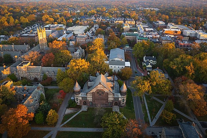 Drone view of a sunrise over Princeton, New Jersey.