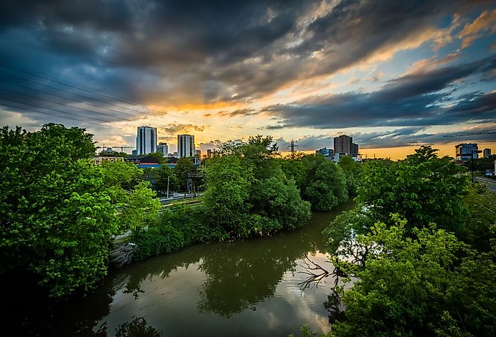 Sunset over the Lower Don River, in Toronto, Ontario. Image credit Jon Bilous via Shutterstock.