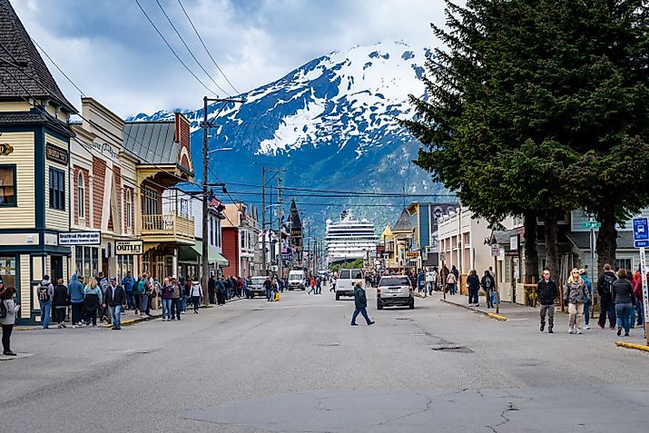 View of Broadway Street and mountains in the town of Skagway, Alaska. Editorial credit: EWY Media / Shutterstock.com