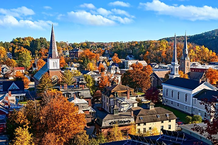 Autumn view of Montpelier, Vermont with church spires and colorful fall leaves