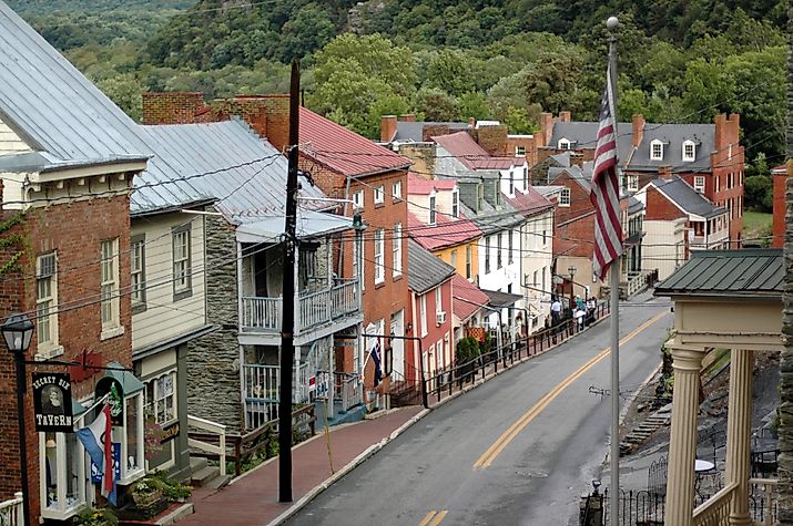 The view from up high of Harper's Ferry, West Virginia's main drag.