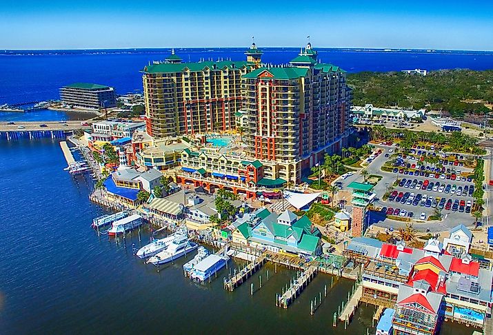 Aerial view of the beautiful city skyline of Destin, Florida.