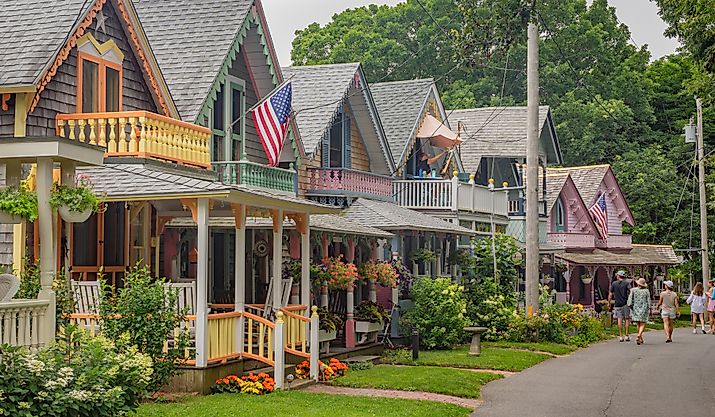 Brightly painted Gingerbread cottages in the historic Camp Meeting district in Oaks Bluff, Martha's Vineyard. Editorial credit: Heidi Besen / Shutterstock.com