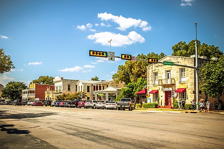 Fredericksburg, Texas, USA-07 September 2019 : The Main Street in Frederiksburg, Texas, also known as "The Magic Mile", with retail stores and poeple walking