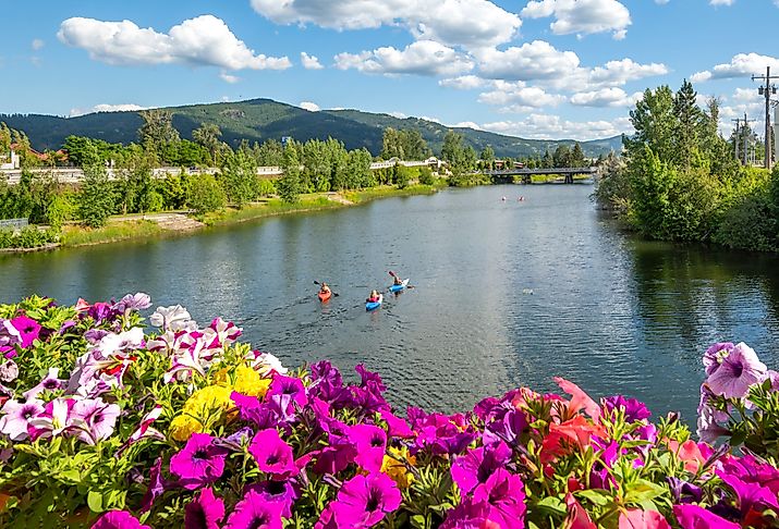 A group of kayakers enjoy a beautiful summer day on Sand Creek River and Lake Pend Oreille in the downtown area of Sandpoint, Idaho. 