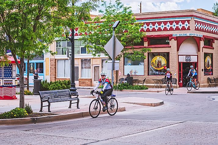 Winslow Arizona, USA 5/16/2016. Cyclist traveling along route 66