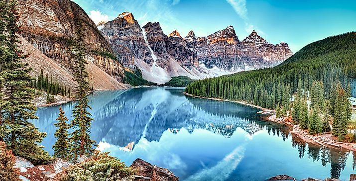 Moraine lake panorama in Banff National Park, Alberta, Canada.