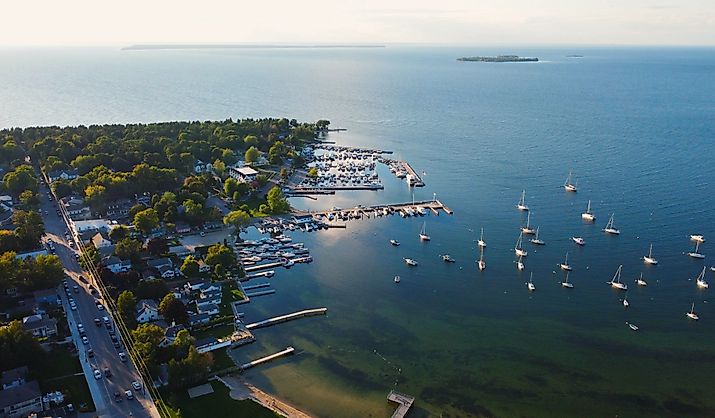 Beautiful aerial sunset on the water in Fish Creek Wisconsin.