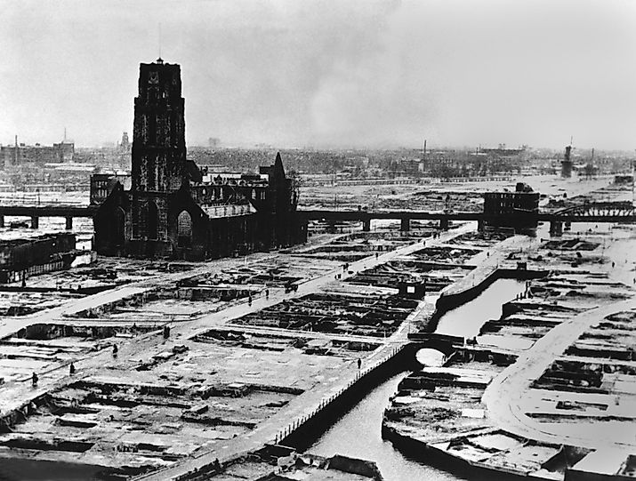 Rotterdam after the entire inner city was bombed by Germans, May 14, 1940. 30,000 civilians were killed when the Dutch defenders refused a German ultimatum to cease defense and surrender.