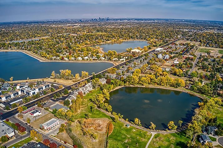 Aerial view of autumn colors in Denver suburb of Lakewood, Colorado. 