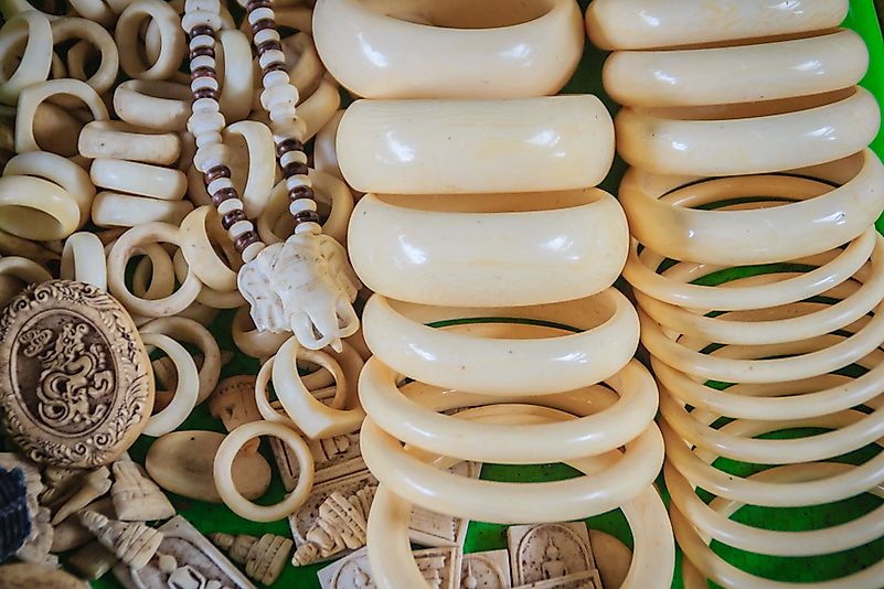 Souvenirs and amulets carved from Ivory for sale at Thai-Cambodia border market.