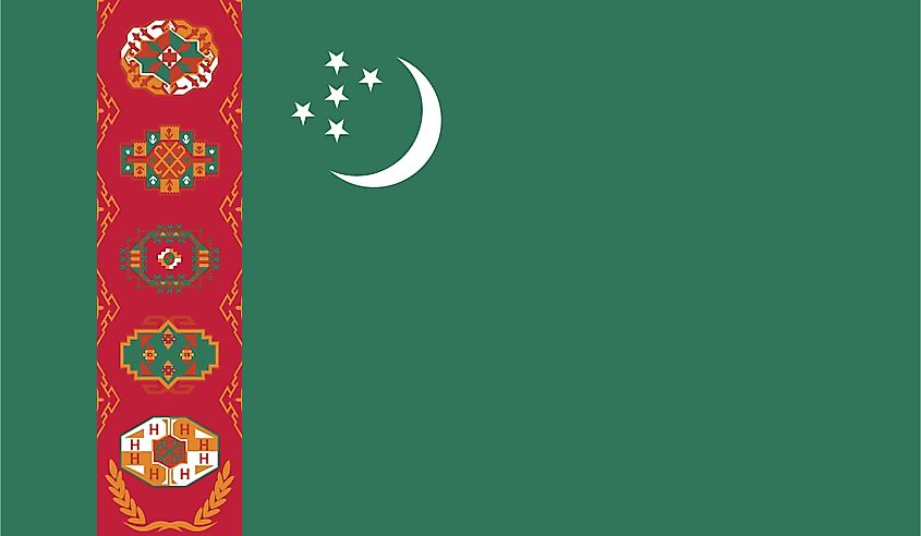 The National Flag of Turkmenistan features a green field with a red stripe placed vertically towards the hoist side of the flag.