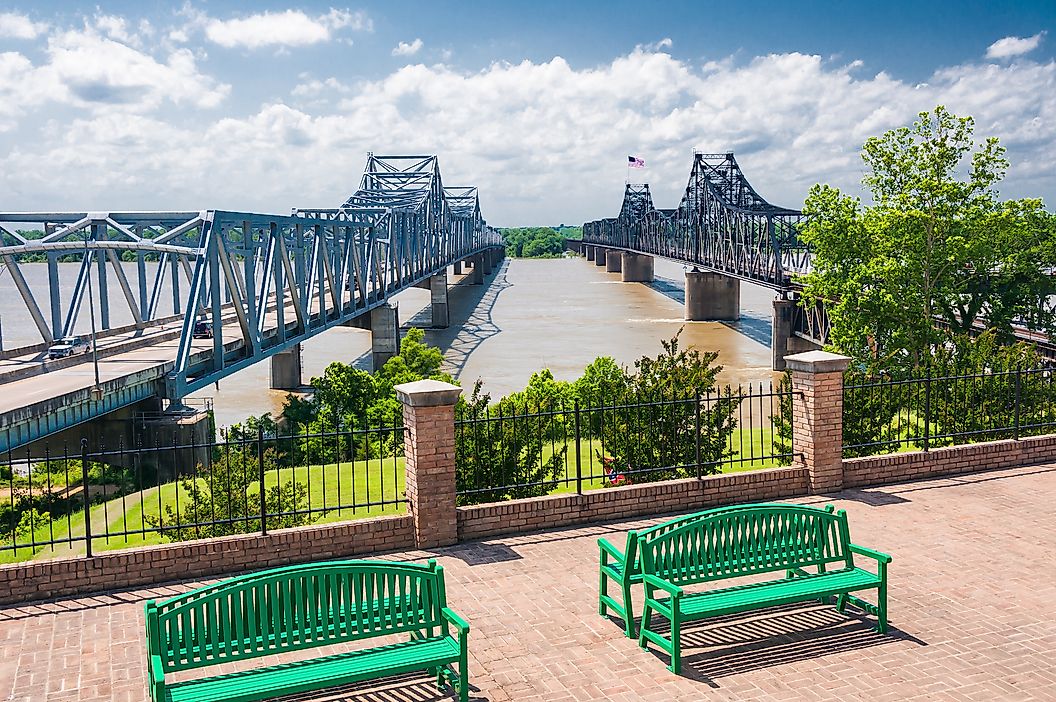 Mississippi River bridge, at Vicksburg, MS. I-20 bridge and "old bridge, train trestle."