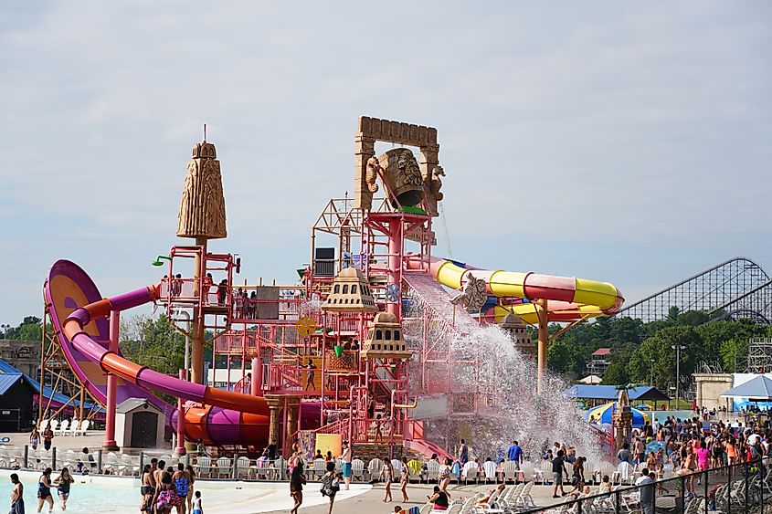 Family members enjoying summer fun on the Lost City of Atlantis water rides at Mt. Olympus Water and Theme Park in Wisconsin Dells, Wisconsin.