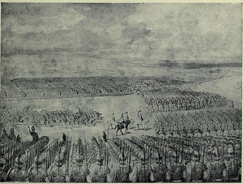 An illustration of the Pauravas army awaiting Alexander's attack.