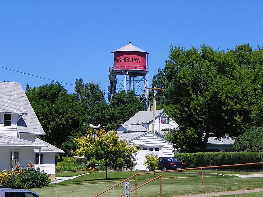 A water tower in Washburn, North Dakota.